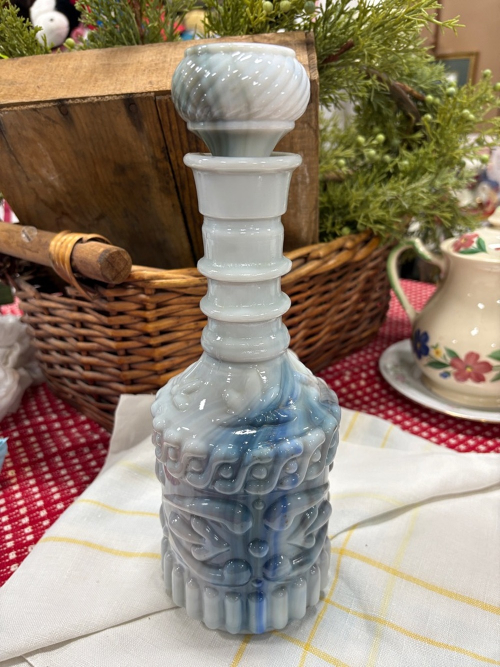 Vintage KY DRB-230 Bottle Liquor Jim Beam Blue Slag Glass Decanter &Cork Stopper